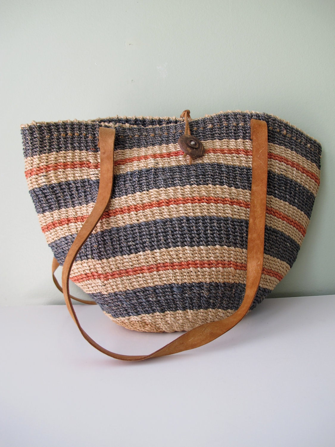 Vintage Woven Market Bag with Leather Handles