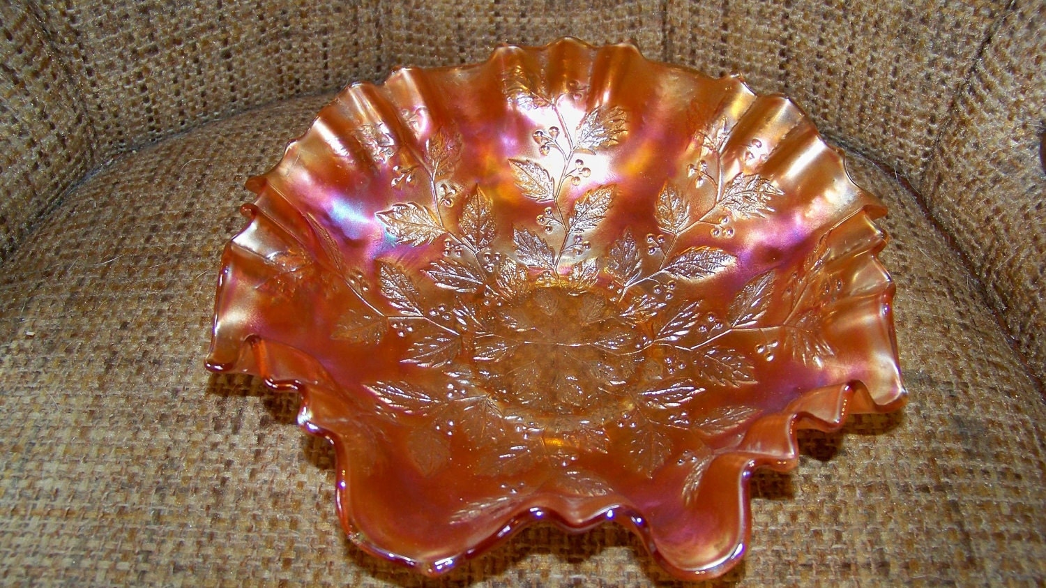 Vintage Orange Carnival Glass Dish with Ruffled Glass Trim and