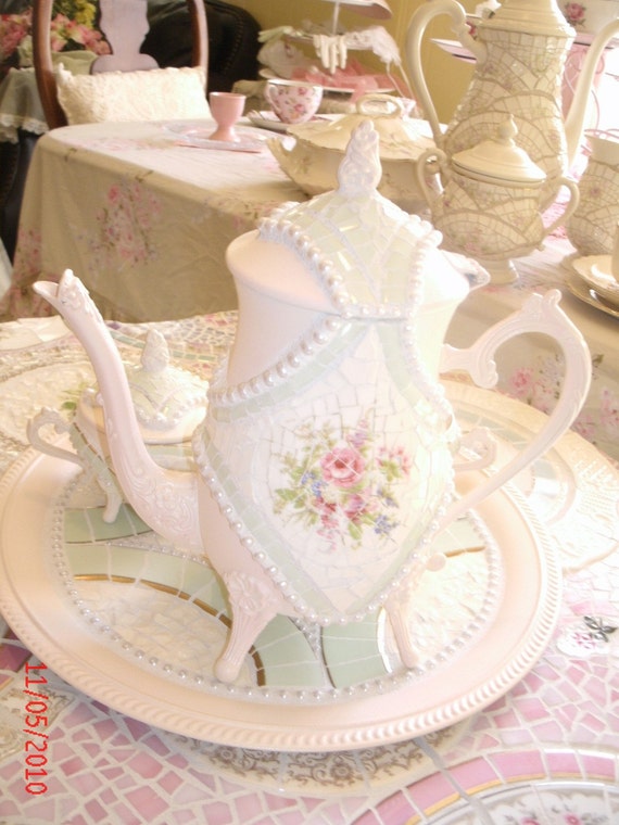 Items similar to mosaic tea set pink and green on Etsy