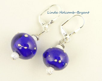 Royal Blue Handmade Lampwork Glass Beads with Silver Earrings