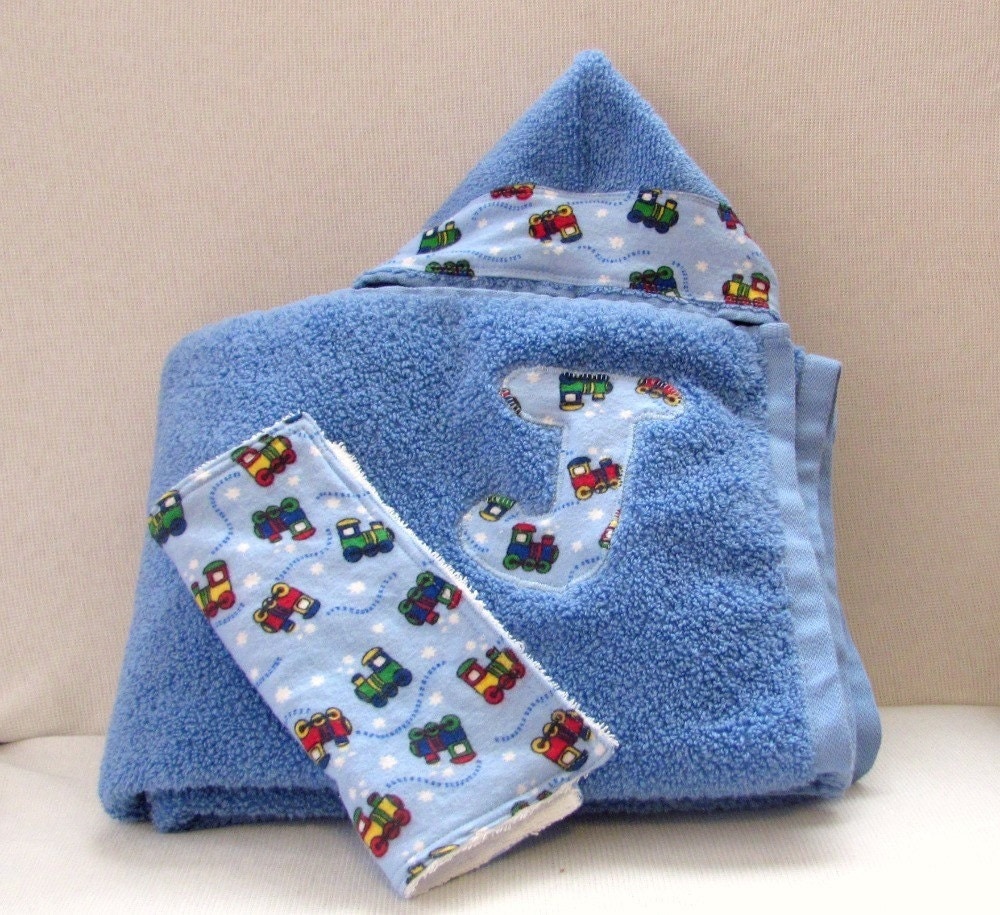 Personalized Hooded Baby Towel Set Blue with Trains