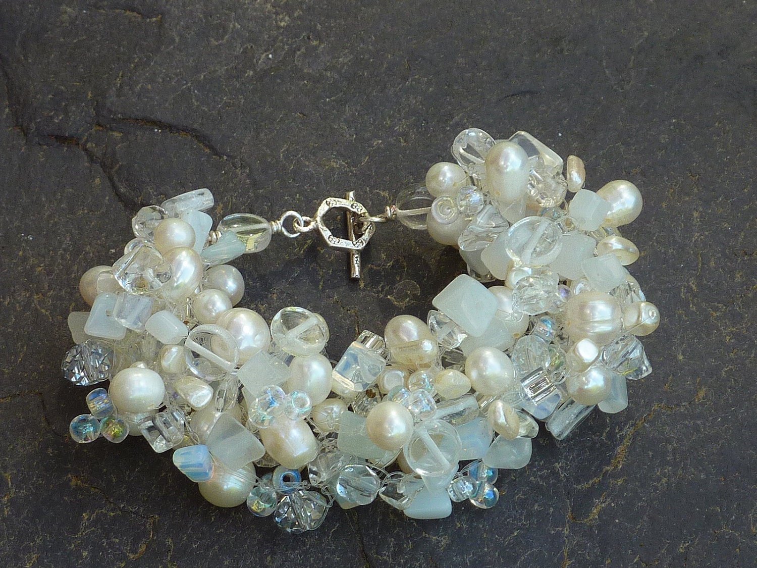 Hand crocheted bracelet with freshwater pearls by violetsparks