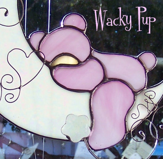 Pink Baby Teddy Bear Moon & Stars Stained Glass Window Hanger