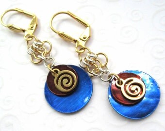 Blue and Brown Shell Earrings, Gold Swirl Earrings, Cute Colorful Earrings, Boho Jewelry, Fashion Earrings, Mussel Shell Jewelry
