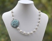 SALE - Powder Blue Carnation and Milky White Jade Beaded Asymmetrical Necklace in Antique Brass Jewelry Gift for Her.  Free Shipping.