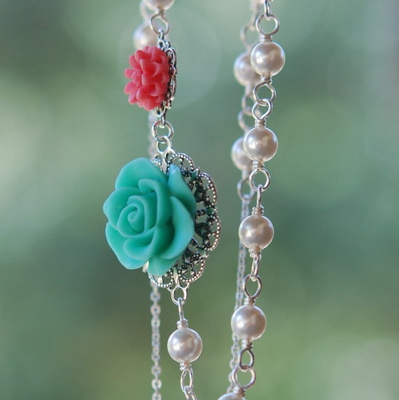 Green and Pink Flowers and White Swarovski Pearl Asymmetrical