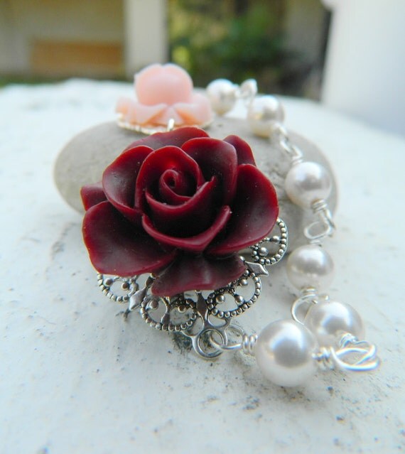 Burgundy Rose and Pink Rose in White Swarovski Pearl by RusticGem
