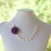 Romantic Eggplant Purple Rose Asymmetrical Necklace with White Swarovski Pearls. Unique Bridesmaid Jewelry. Statement Necklace.