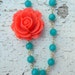 Coral Rose and Teal Jade Asymmetrical Necklace in Gold