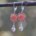 Coral Rose and White Swarovski Pearl Dangle Earrings Jewelry Gift for Her. Free Shipping.