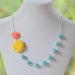 Yellow Rose and Coral Daisy Flower in Turquoise Chunky Asymmetrical Statement Necklace - Bright Statement Necklace