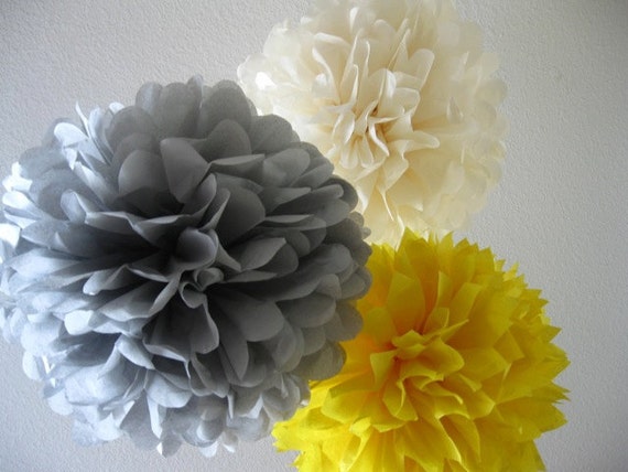 10 Tissue Pom Poms - Your Color Choice- SALE - Yellow and Gray Party Decorations