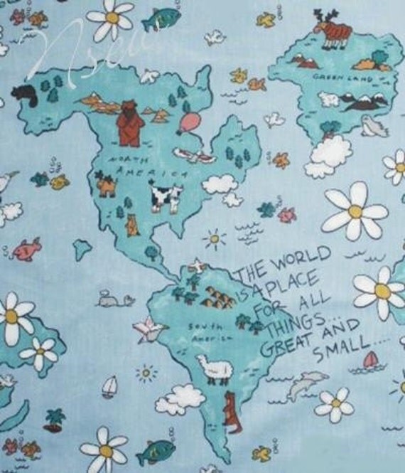 SAVE the Earth Cotton Fabric World & Animals MAP