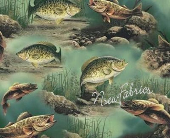 Items similar to FISH Fishing Bass Trout COTTON Fabric on Etsy