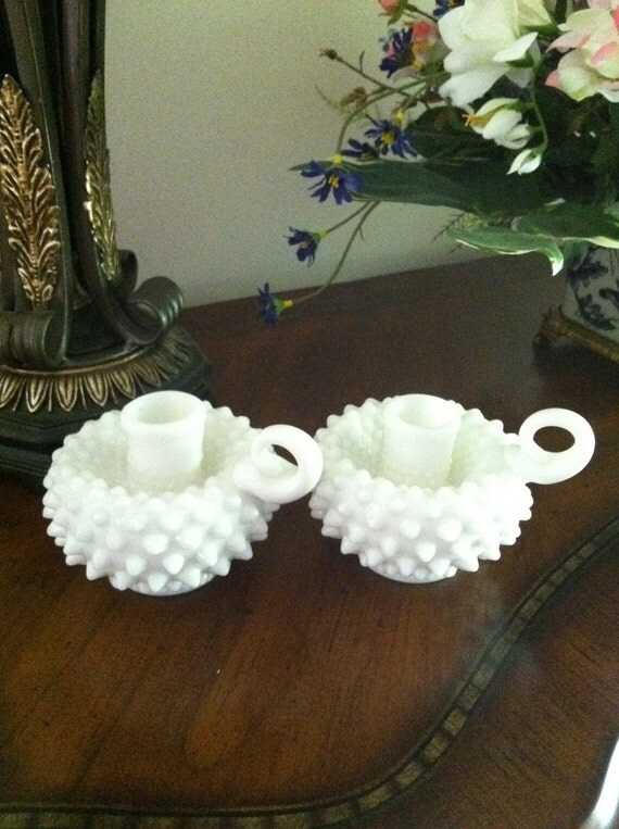 Items Similar To Fenton Milk Glass Hobnail Bulbuous Candle Holders On Etsy 2379