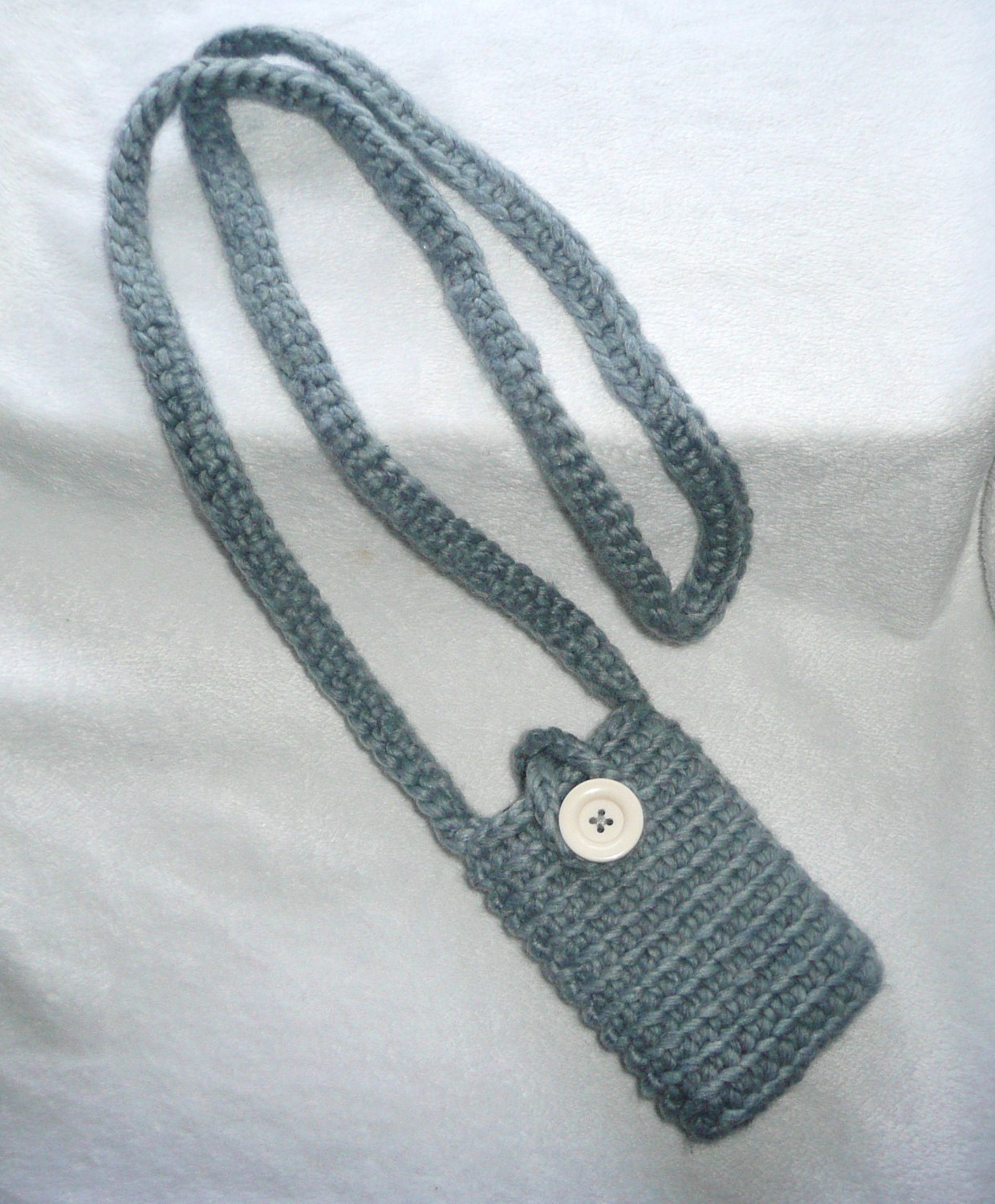 Grey Crochet Cell Phone Pouch w/ Shoulder Strap