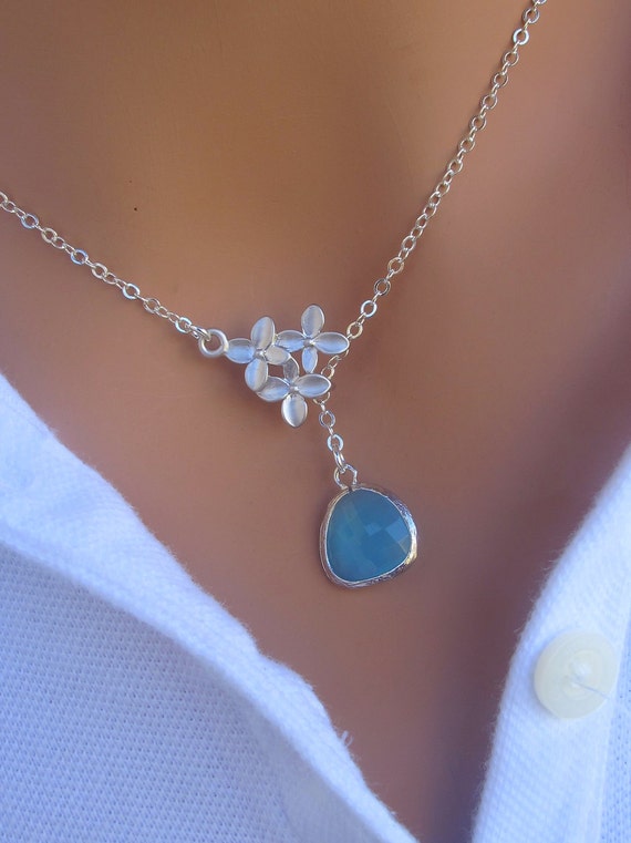 Orchids and Aqua lariat necklace in STERLING Silver. Bridesmaids Gift ...