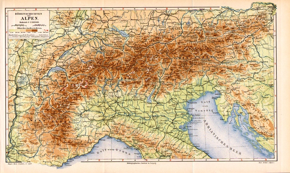 1892 Relief Map of the Alps Original Antique by CabinetOfTreasures