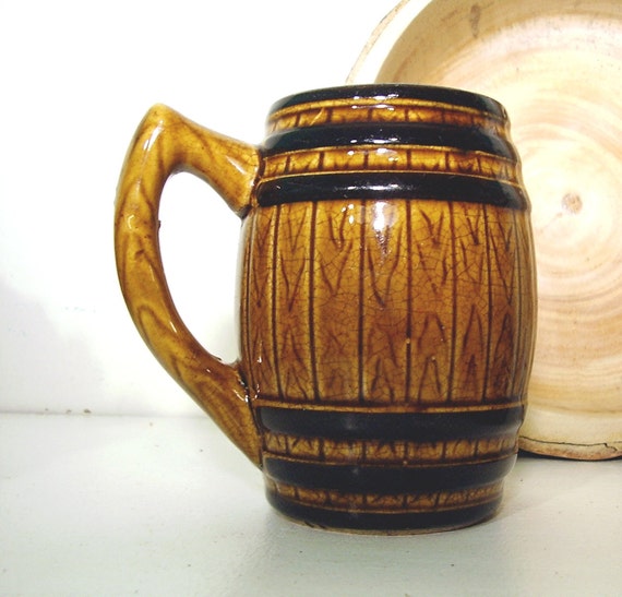 Vintage Barrel Mug Faux Wood Grain Ceramic 1930 Wine Beer