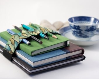 Adjustable Bandolier // green waves // (a better pencil case, journal pen holder, book strap, pen loop, pencil roll, pen bandolier)