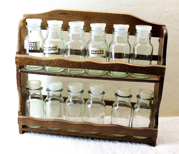 Vintage Wooden Spice Rack with 12 Glass Spice Jars