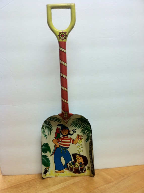 Tin Litho Chein Sand Pail Toy Shovel Pirate Parrot Old Metal