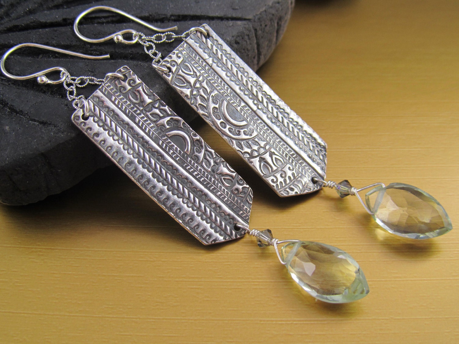 Fine Silver Dangle Earrings PMC Jewelry Carved Silver