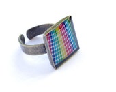 Geometric dots ring, square shape, gift under 25, FREE SHIPPING, magenta, pink, yellow, rainbow