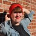 hand knit headband bright crimson red with 1940s turban- style cinch