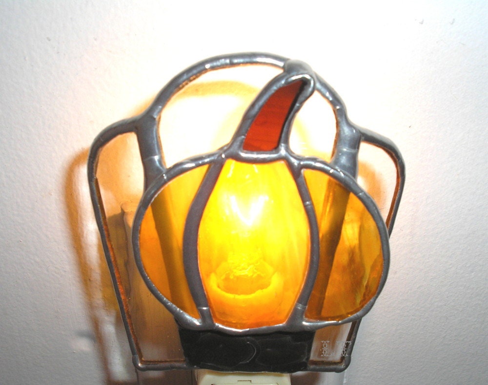 LT Stained glass Pumpkin night light lamp orange streaked with