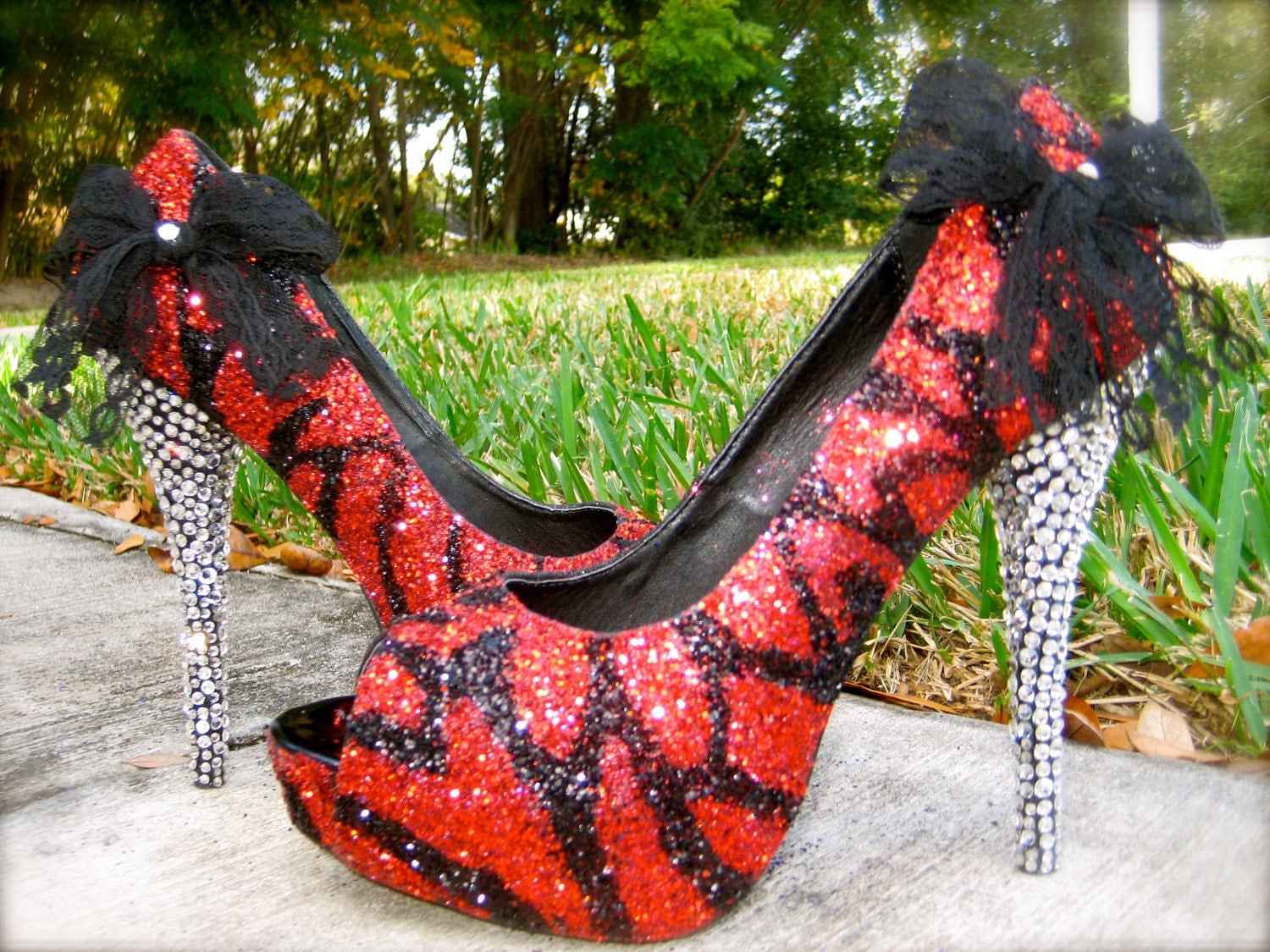 Zebra Red & Black Glitter Heels