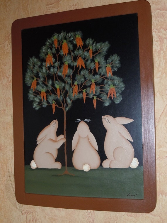 Hand Painted Primitive Folk Art Bunny Rabbit Chalkboard Style