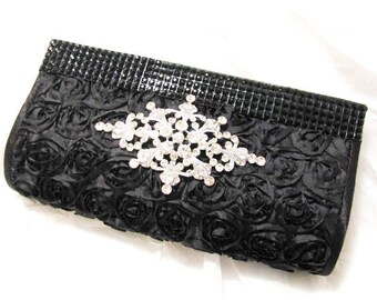 Black Fabric Wedding Bag Clutch Formal Wear with Crystal Centerpiece