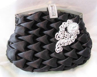 Black Satin Fabric Wedding Bag Clutch Formal Wear with removable Brooch OR Pendant