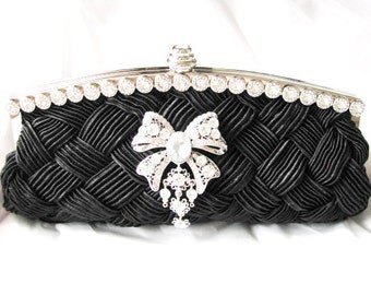 Black Bridal Wedding Bag Clutch Formal Wear with Large Rhinestone Brooch Bridal wedding clutch evening bag