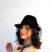 Vintage 1970s Hat - Schwartzy - Black Felt Rounded Crown 40s Style Fedora with Netted Veil