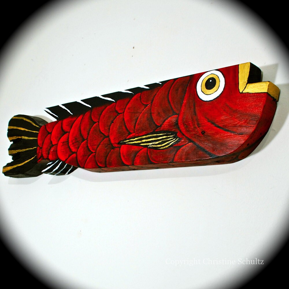 Painted Wood Fish Red And Gold Folk Art