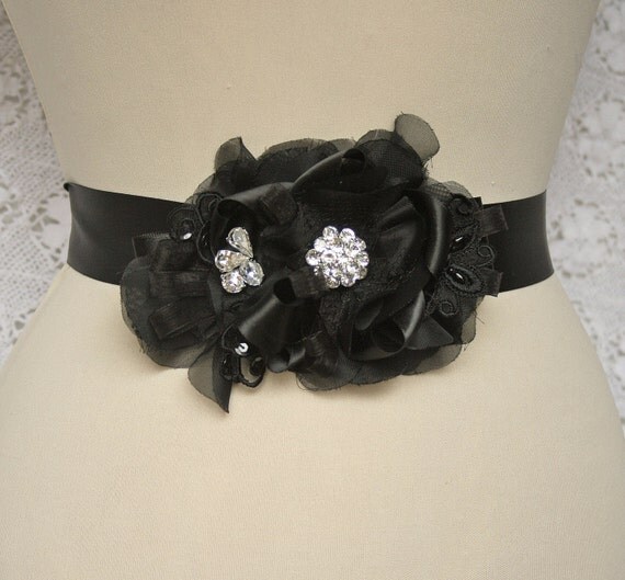Items similar to Black Bridal Sash, Wedding Belt, Rhinestone Sash ...
