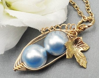 Two Peas In A Pod Gold Pendant Necklace- Love My Boys Blue Swarovski Pearls. For Brides, Friends, Sisters And Mothers