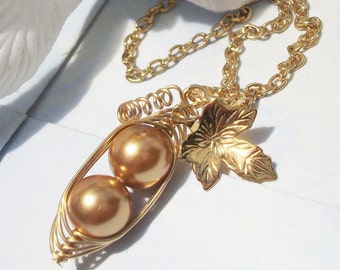 Two Peas In A Pod Gold Swarovski Pearls Pendant Necklace. Brides, Best Friends, Sisters, Mothers, New Mom, Grandma