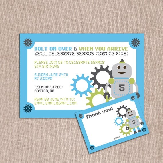 Items similar to Robot birthday invite invitation and thank you DIY ...