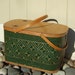 Vintage Hawkeye wicker Picnic Basket, Food Hamper, Burlington Basket Co. with pie shelf.