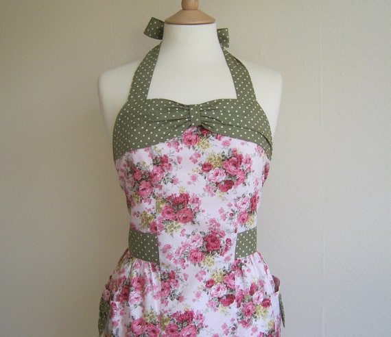 Retro apron country garden Pink floral on light by RosieAnnShop