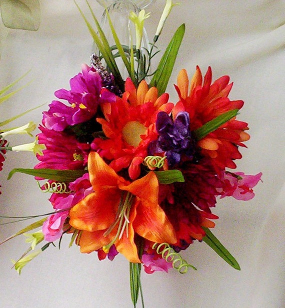 Tropical Wedding Bouquet hot Pink Orange Destination Wedding