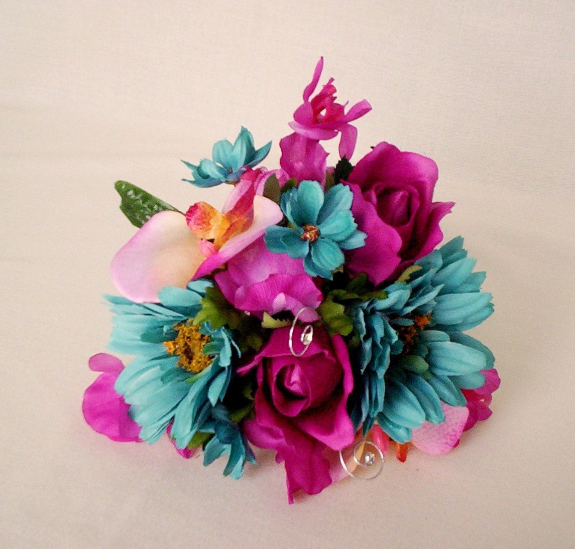 Turquoise Wedding flowers Fuschia silk bridal Bouquet package