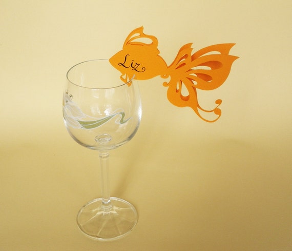 50 Place Cards, Wine Glass Decor,  Gold Fish, Original calligraphy, Cutout, Scrapbook, Papercut by Mama Tita