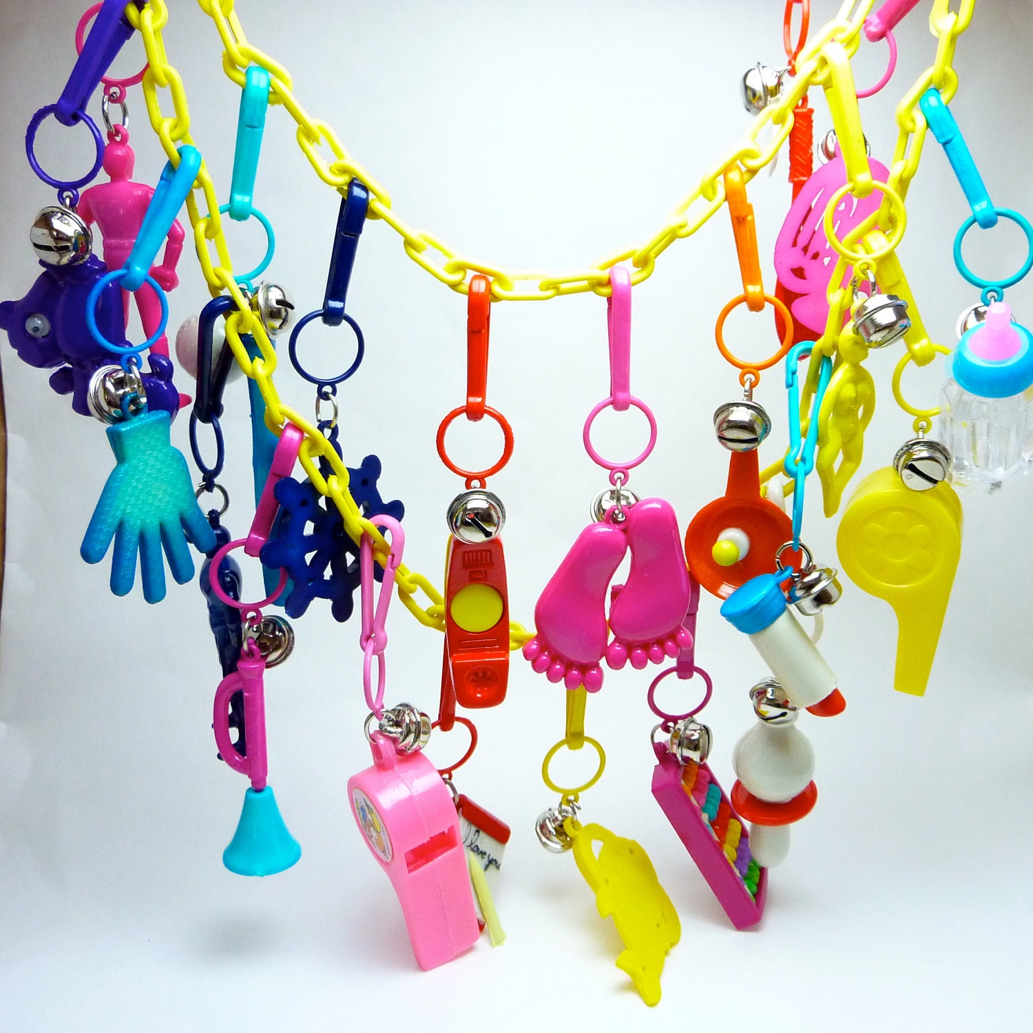 Vintage 1980s Plastic Bell Charm Necklace with 21 Charms