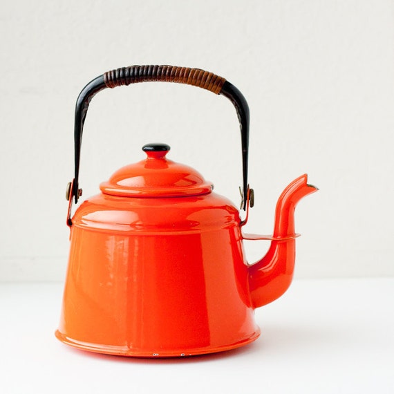 Vintage enamel teapot bright orange tea pot by TarragonVintage