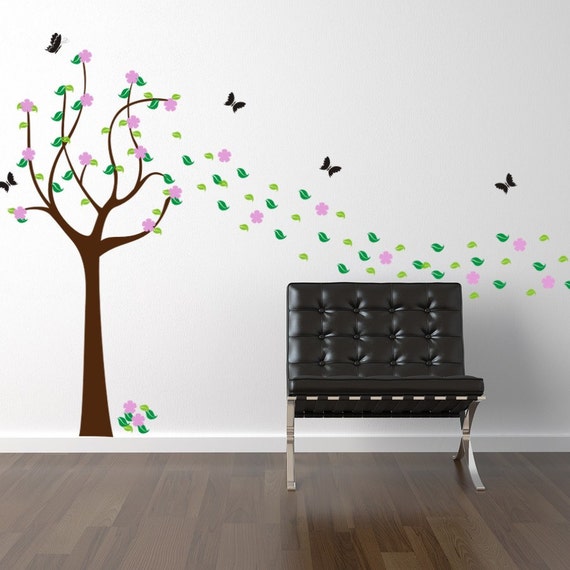 Vinyl Wall Decal Sticker Art Spring Tree with Flowers Leaves Butterflies