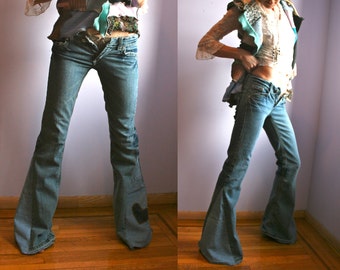 Women Denim Bell Bottom Jeans Pants Recycled Upcycled OOAK Eco-friendly ...
